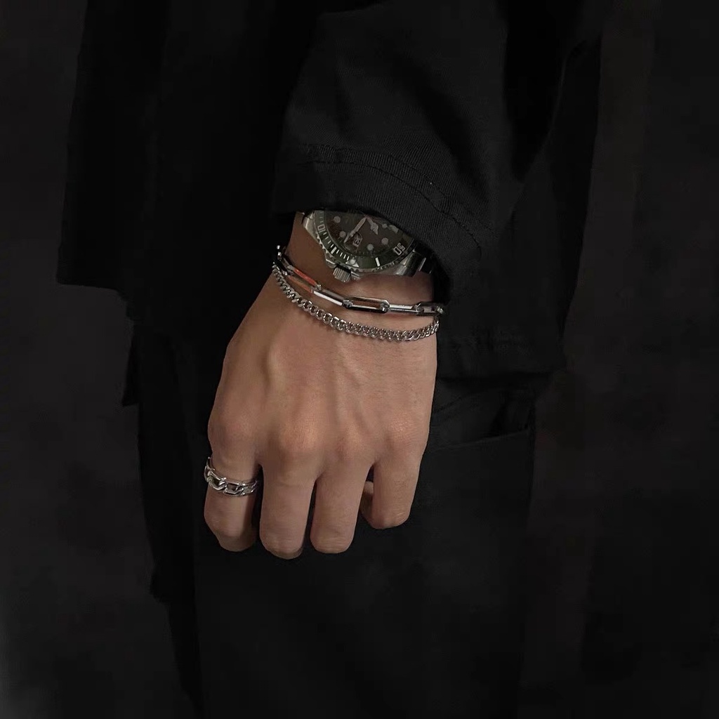 Vòng Tay Và Nhẫn HipHop Kamenra Dành Cho Nam Nữ Thời Trang Merin Accessories Màu Bạc Chất Liệu Inox Không Gỉ