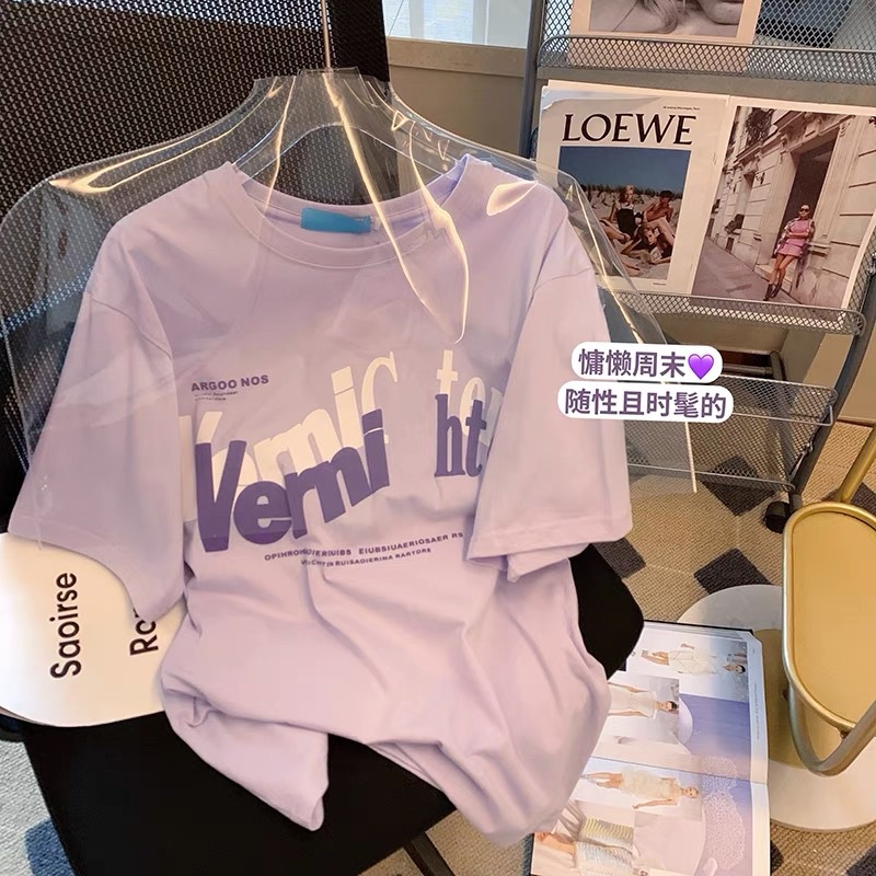 Taro purple oversize letter printing short-sleeved T-shirt women's 2022 summer new ins tide niche bottoming shirt