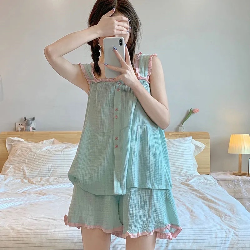 Bộ Ngủ Pyjama Đũi Hàn Xanh Bạc Hà