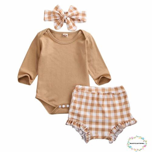 ღWSVღ3PCS Toddler Baby Girls Cotton Long Sleeve Romper Bodysuit Ruffle Plaid Short Pants Headband Clothes Outfit Set