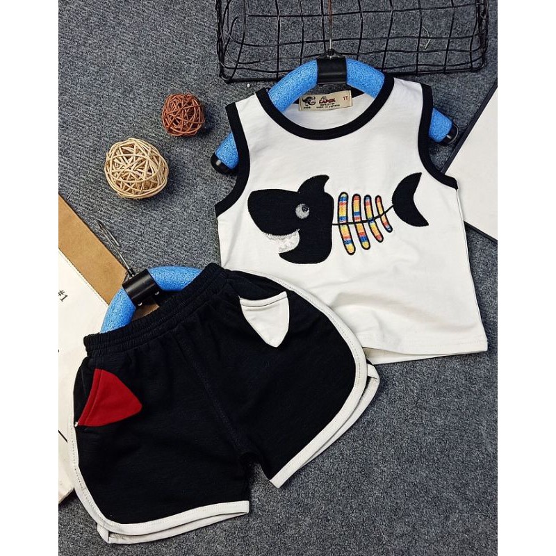 Bộ thun cotton bé trai thêu cá vân gỗ siêu xinh