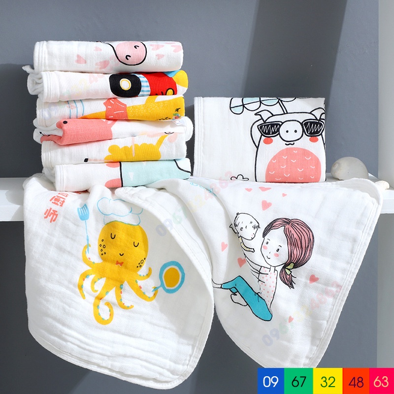 Khăn sữa xô 6 lớp NỀN TRẮNG HỌA TIẾT CAO CẤP rửa mặt loại dày siêu mềm mại cho bé