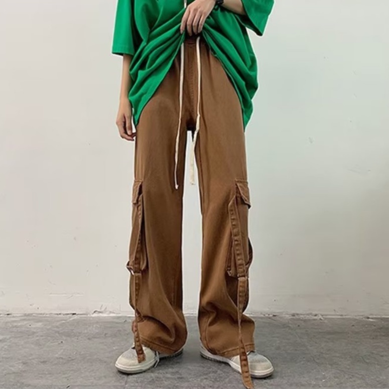 Quần ống rộng Có Túi Thời Trang Nam Nữ Quần Yếm hiphop Màu màu xanh lá couple Lưng Cao Ống Rộng Phong Cách Retro nam