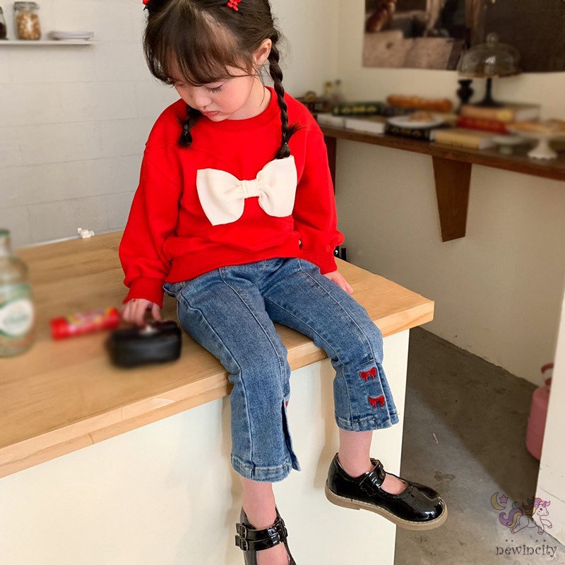 Quần Jean Ống Loe Co Giãn Thêu Họa Tiết Dễ Thương Phong Cách Hàn Quốc Cho Bé Gái