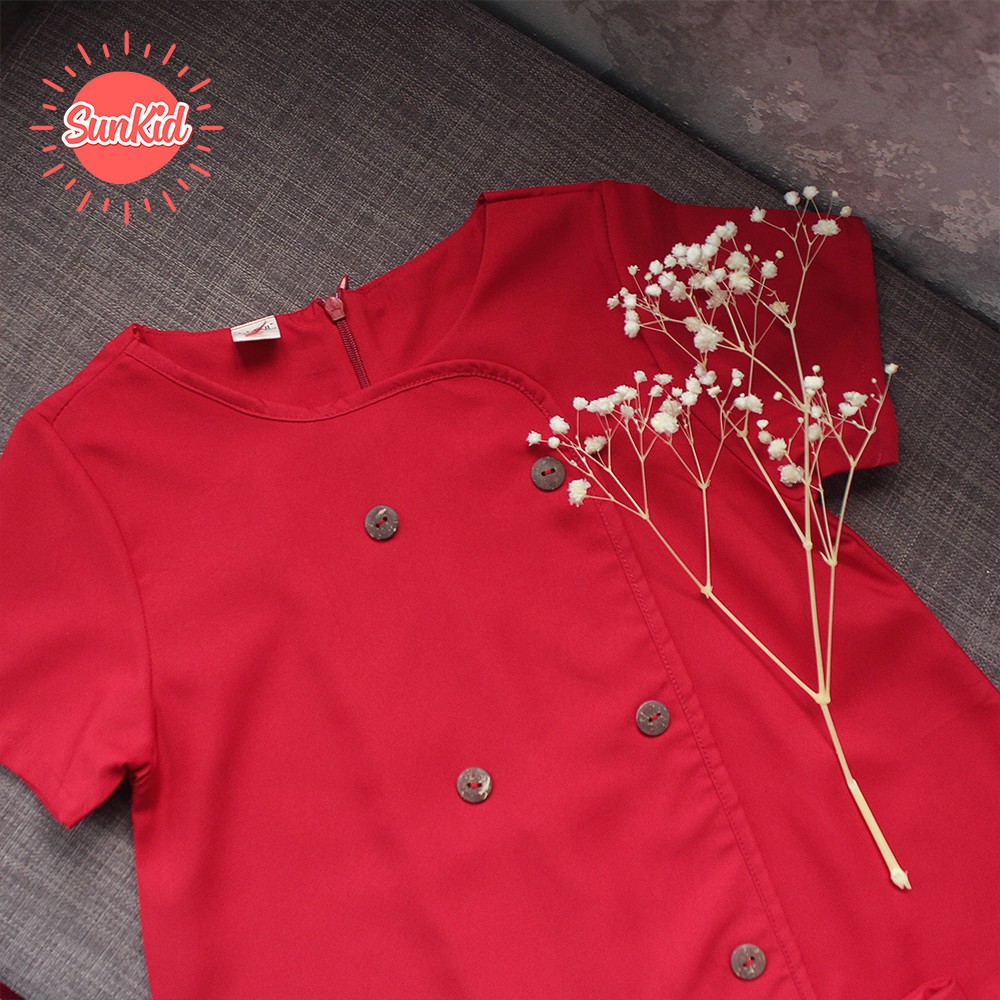 Váy đầm bé gái đỏ dáng suông thắt nơ vải trượt nhật cao cấp mùa hè Sunkid SM màu đỏ size trẻ em 4-12 tuổi