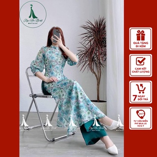Áo dài cách tân nữ voan hoa xanh tay bồng tk15