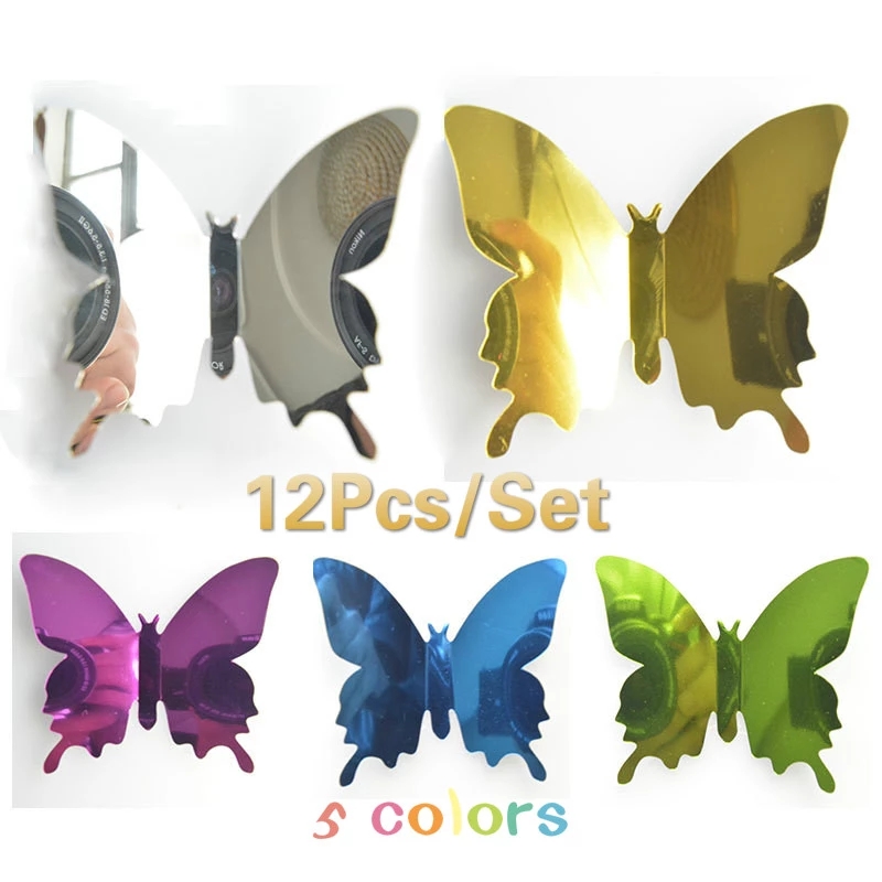 Set 12 Miếng Dán Tường Hình Bướm 3D Tráng Gương Trang Trí Tiệc/ Nội Thất