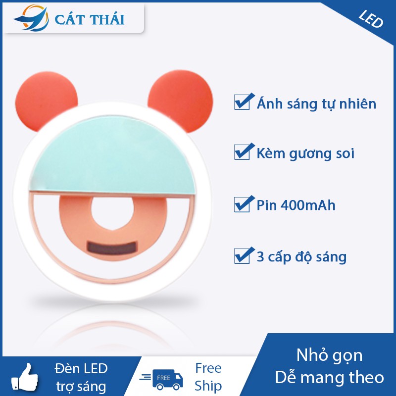 Đèn LED trợ sáng kẹp điện thoại chuyên dành cho selfie/livestream, ánh sáng trắng dịu nhẹ, có kèm gương soi rất tiện lợi