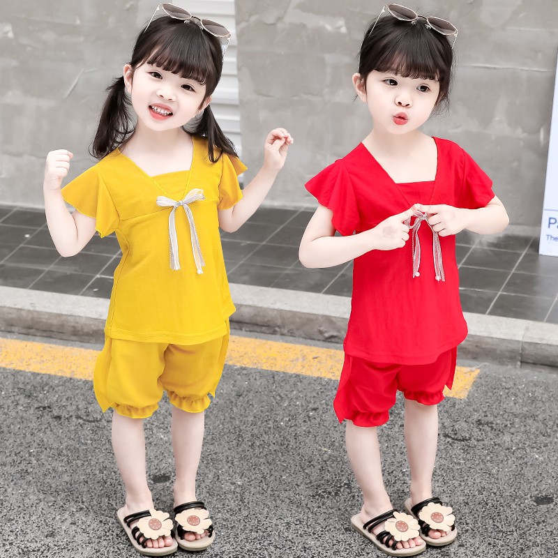 🔥🔥 FLASH SALE 🔥🔥 - Bộ cộc tay bé gái nhún bèo nơ ngực siêu xinh điệu đà. Cotton co giãn, thoáng mát mùa hè - HG036