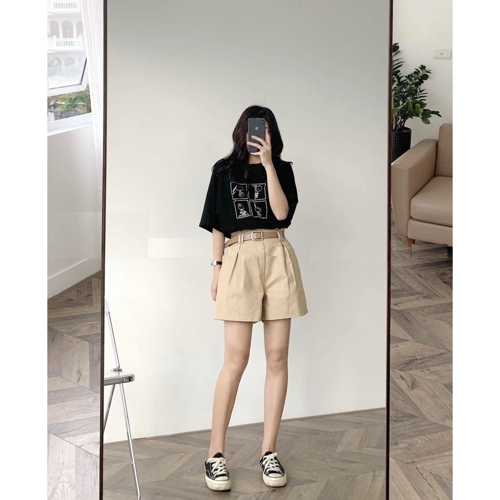 Set Short Ống Rộng Kẻ Ô Snoopy PEONYB Nữ [FREESHIP] 🌸 Bộ áo in hình chó cute, quần sooc oversize màu BE | ĐEN Ulzzang 🌸 | BigBuy360 - bigbuy360.vn