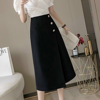 Chân váy xẻ trước A đính cúc vàng - chân váy midi công sở nữ 124