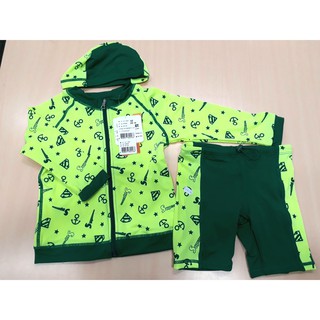 Đồ Bơi Bộ Bé Trai 1-2 Tuổi  Dài Tay, Màu Xanh Dạ Quang Siêu Cute, Kèm Nón Bơi- Nhập Khẩu Hàn Quốc