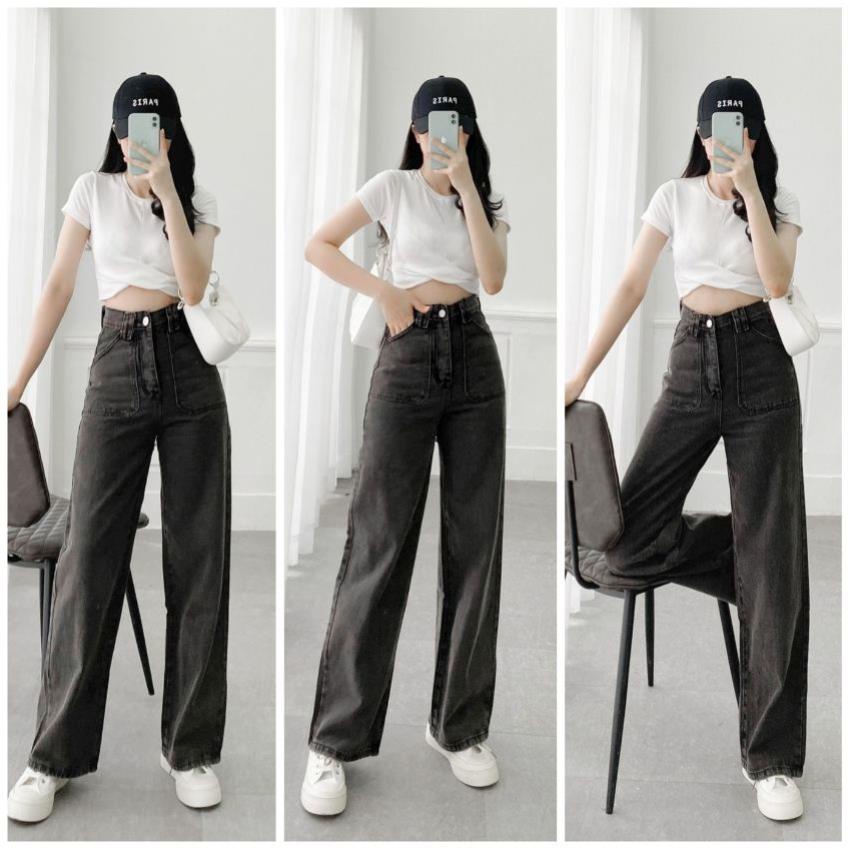 SALE Quần jean nữ ống rộng Fmstyle Saigon quần bò cạp cao suông đen thời trang hàn quốc ulzzang 21QJR05TD2801 i