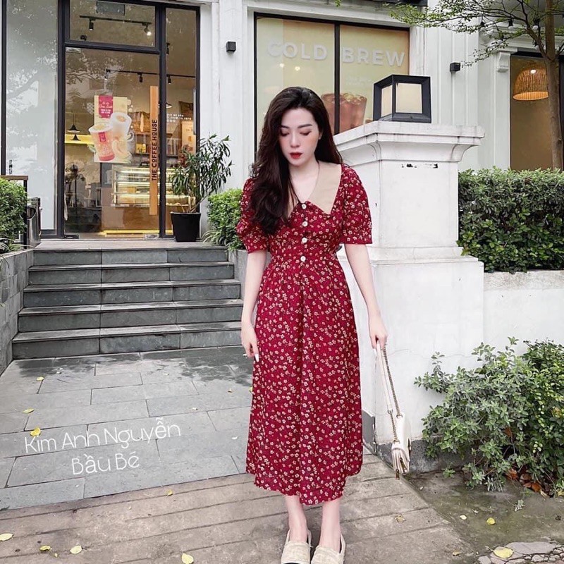 [Mã WASTMAY giảm 15% tối đa 30K đơn 150K] ⚡️BÁN SỈ⚡️Đầm hoa cổ V 3 màu đỏ, be, cam