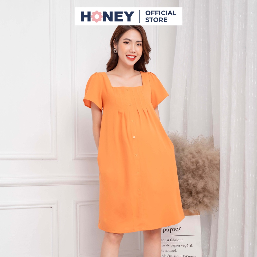 Váy bầu dáng babydoll, cổ vuông chất liệu lụa hàn cao cấp, nhiều size - Thời trang đầm bầu cao cấp HONEY