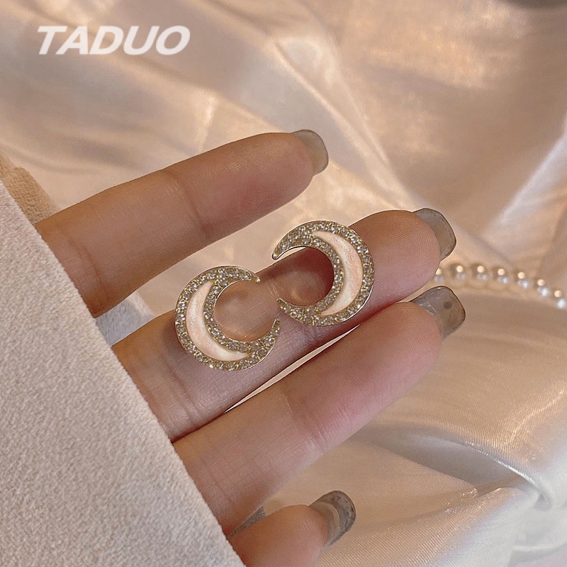 Khuyên tai hình mặt trăng đính đá sang trọng chất liệu S925