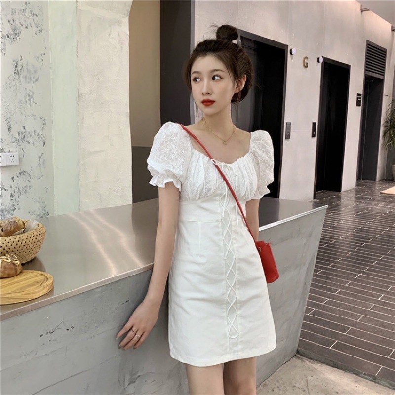 [HÀNG ORDER] Đầm nữ trắng suông dáng chữ A cổ vuông thắt dây phong cách Hàn Quốc 2021 AH1014