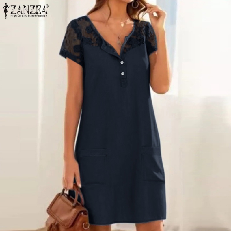 Zanzea Đầm Mini Tay Ngắn Cổ Tròn Phối Ren Thời Trang Cho Nữ