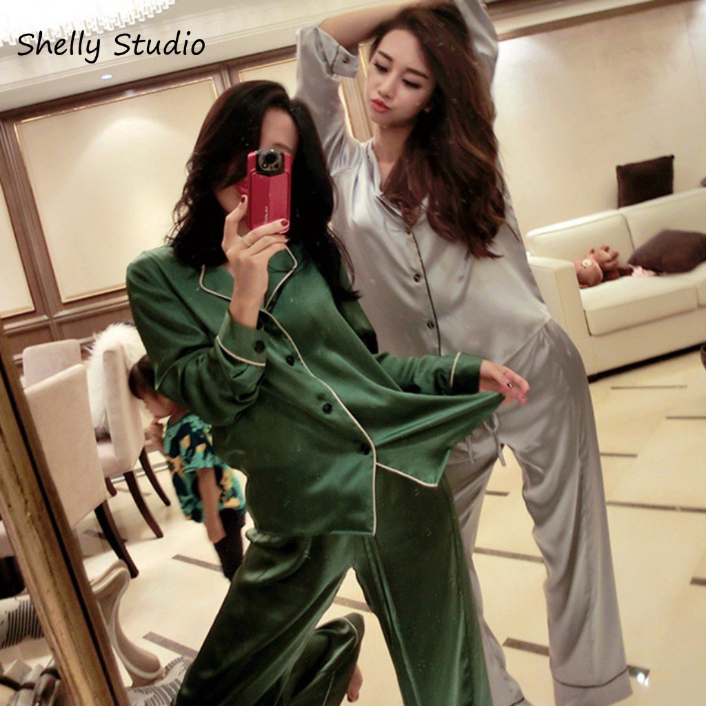 2 Piece Women Sleepwear Faux Silk Satin Pajamas Set Long Sleeve Sleepwear Pajamas Suit Female Homewe