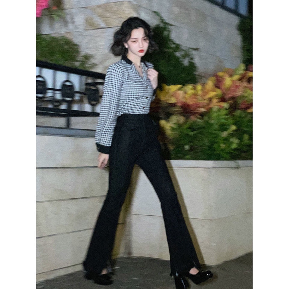 Áo Sơ Mi Chiffon Dài Tay Họa Tiết Houndstooth Phong Cách Retro Hong Kong Cho Nữ