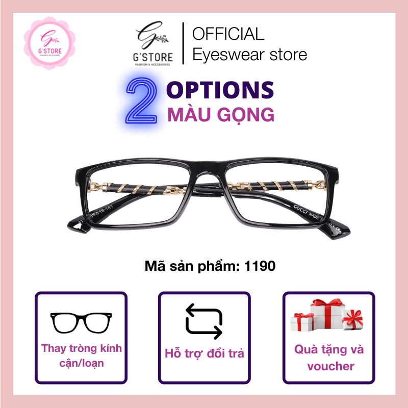 Gọng kính cận nam nữ cao cấp bền đẹp, Kính cận thời trang mắt vuông gọng nhựa dẻo 1190