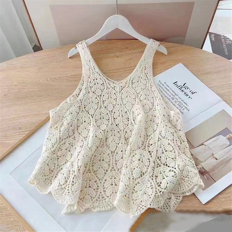 Áo Dệt Kim Không Tay Họa Tiết Hoa Lá Khoét Rỗng Thời Trang Mùa Hè Cho Nữ