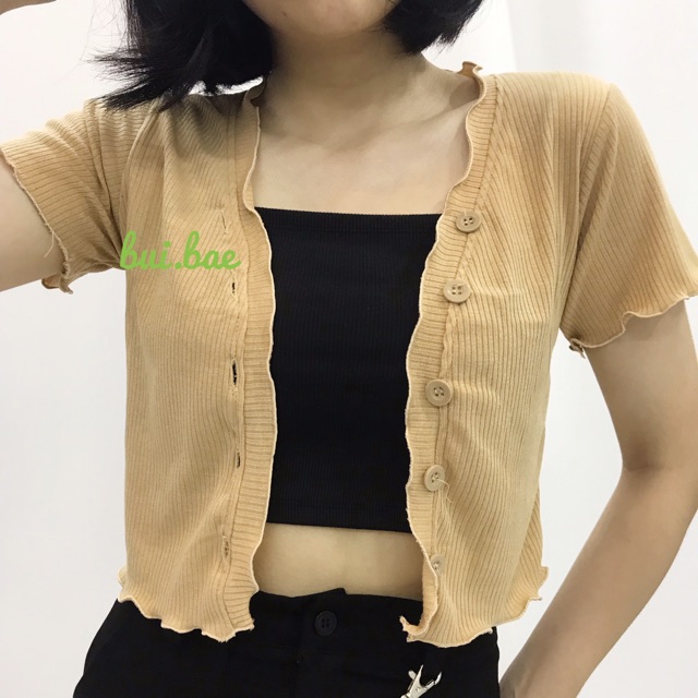 Áo crop top phối cúc gài nhun beo anh that (kèm video)