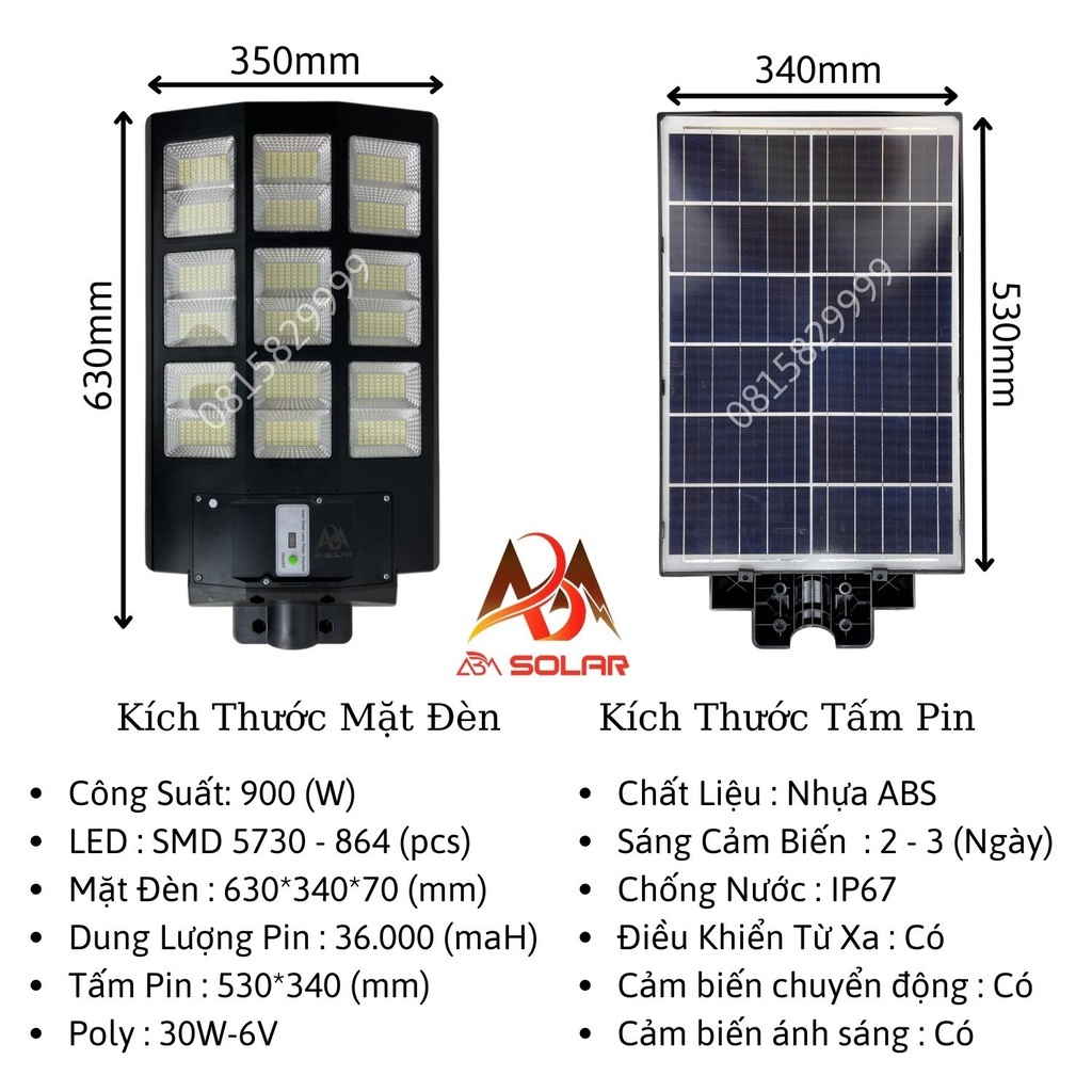 [900W] Đèn Năng Lượng Mặt Trời Liền Thể, Đèn Sân Vườn Công Suất Lớn, Chống Nước IP 67, Cảm Biến Chuyển Động - ABM