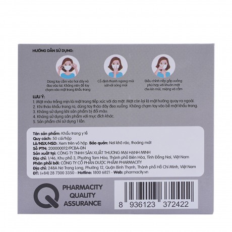 Khẩu trang y tế Pharmacity ( Hộp 50 cái ) 3 lớp kháng khuẩn cao cấp
