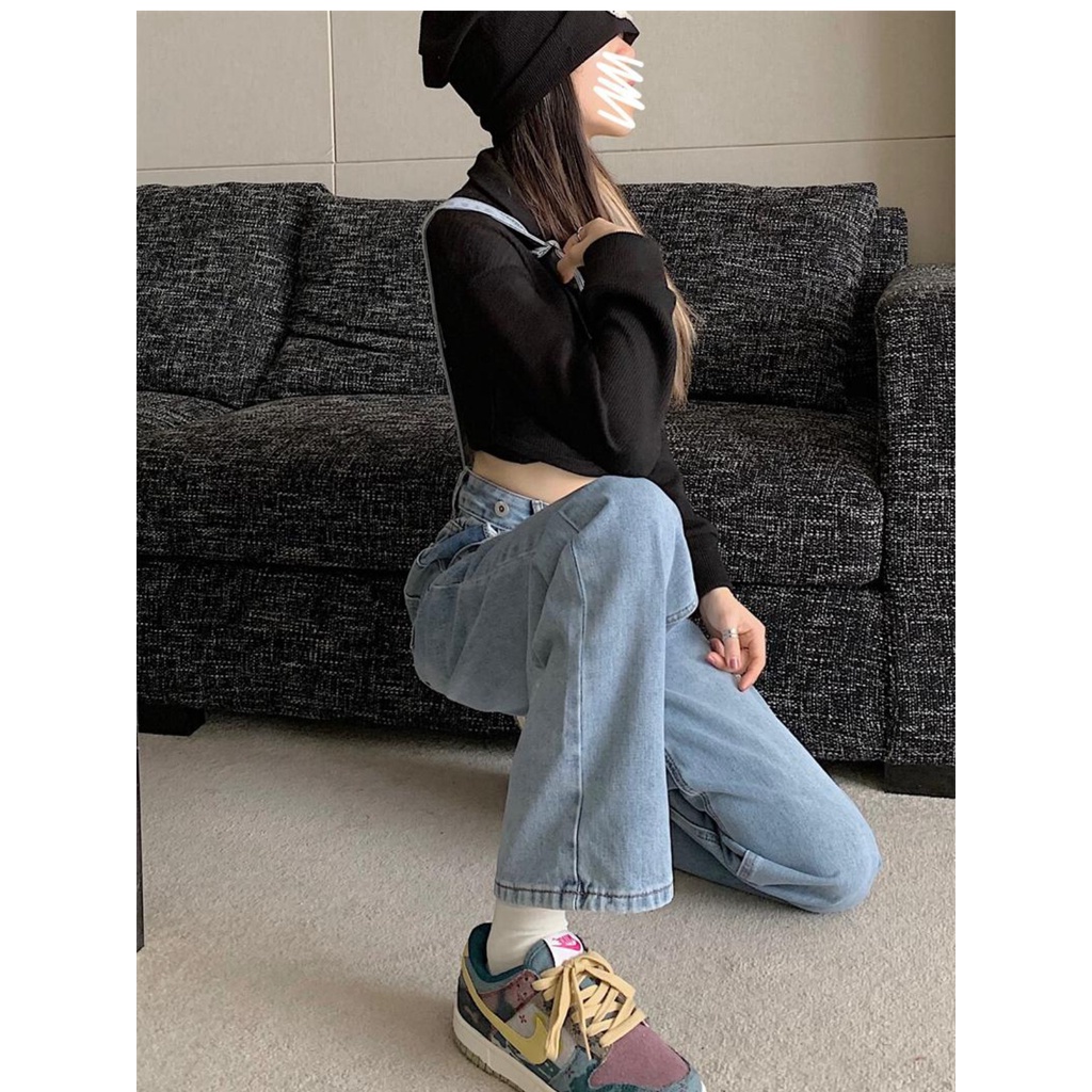 Quần Yếm Denim Ống Rộng Lưng Cao Thời Trang Cá Tính