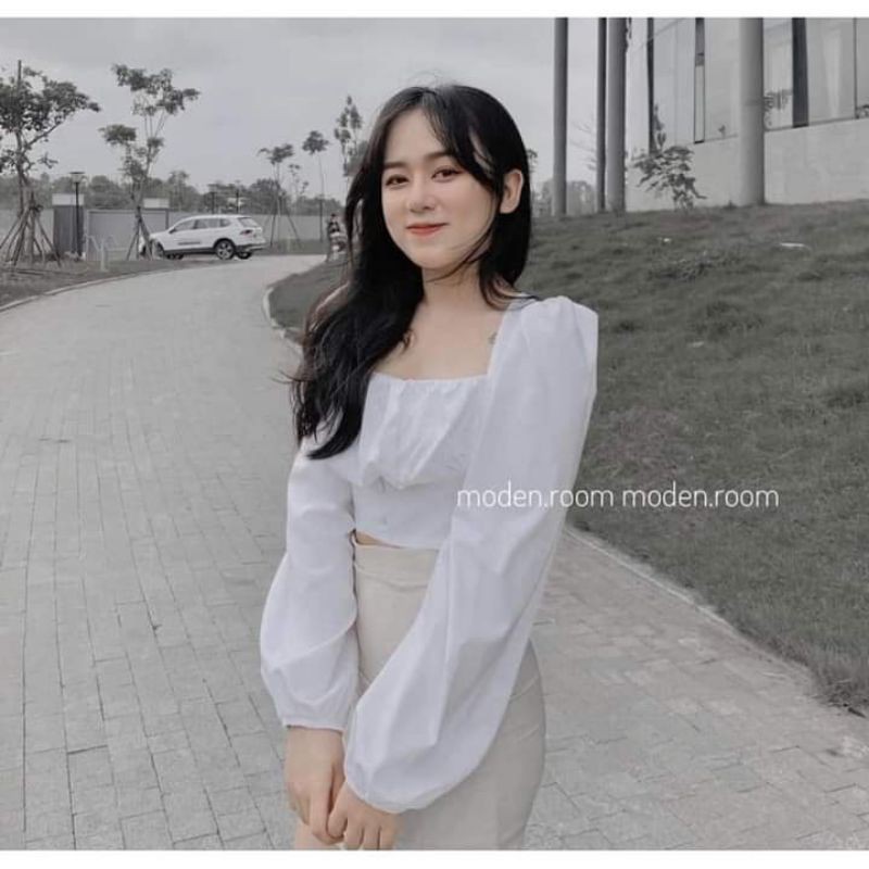 Áo kiểu cổ vuông tay bồng cột nơ vải voan xốp có mút ngực