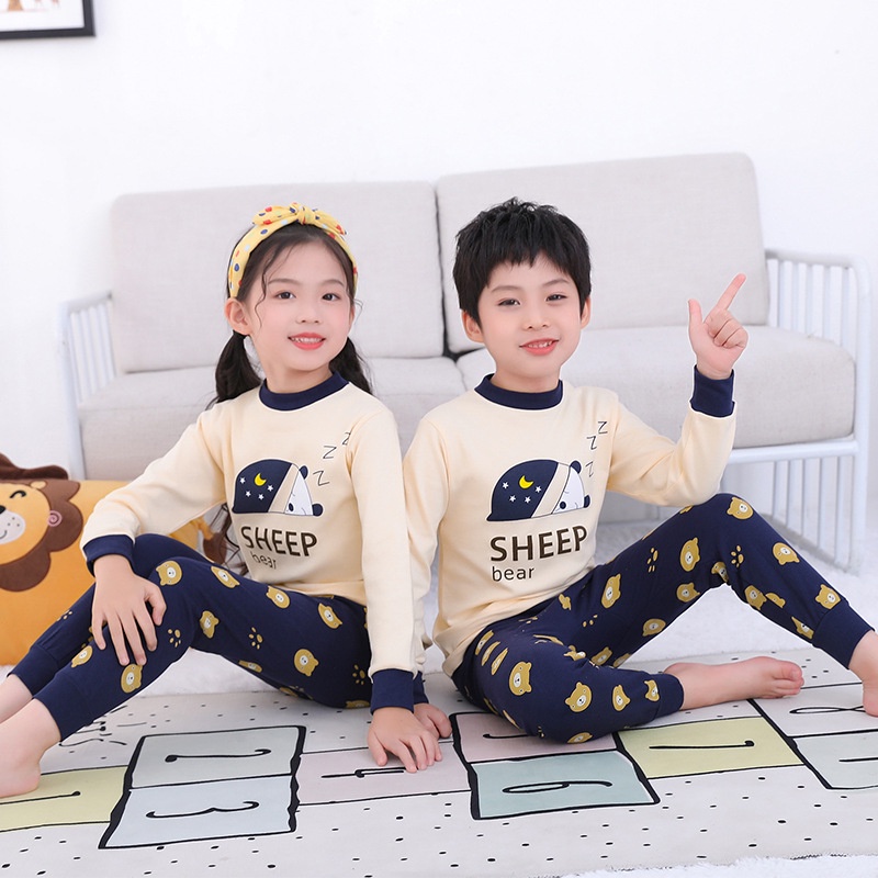 Bộ Đồ Ngủ Cotton Tay Dài Giữ Ấm Mùa Thu Đông Dành Cho Trẻ Em 90-160cm