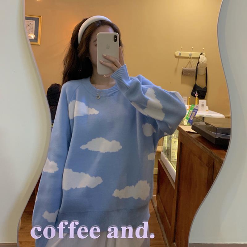 Áo sweater dệt kim tay dài dáng rộng phong cách Hàn Quốc dễ thương cho nữ