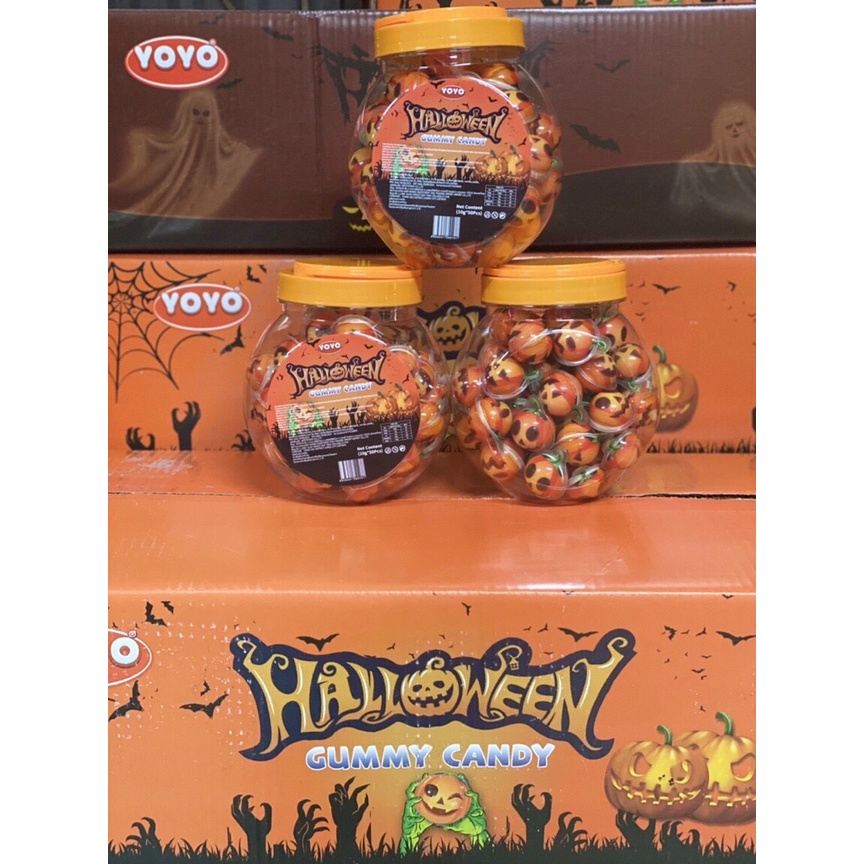 Hũ 50 viên kẹo dẻo có nhân siro Gummy Candy hình Bí Ngô Halloween Thái Lan siêu rẻ