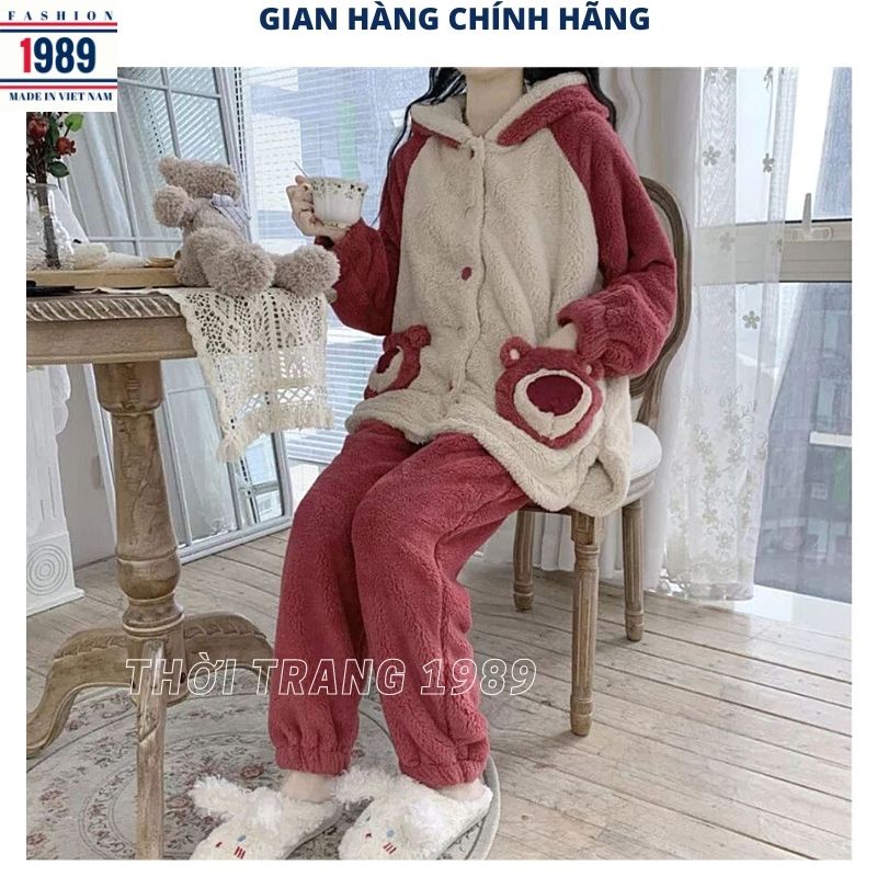 Bộ ngủ lông gấu phối đỏ mận siêu kute dễ thương ulzzang ,bộ đồ mặc nhà xinh sắn ấm áp mùa đông -PHƯƠNG 1989