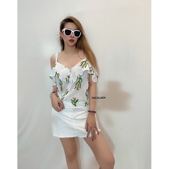 Áo Bệt Vai C Trắng In Xương Rồng - 3549