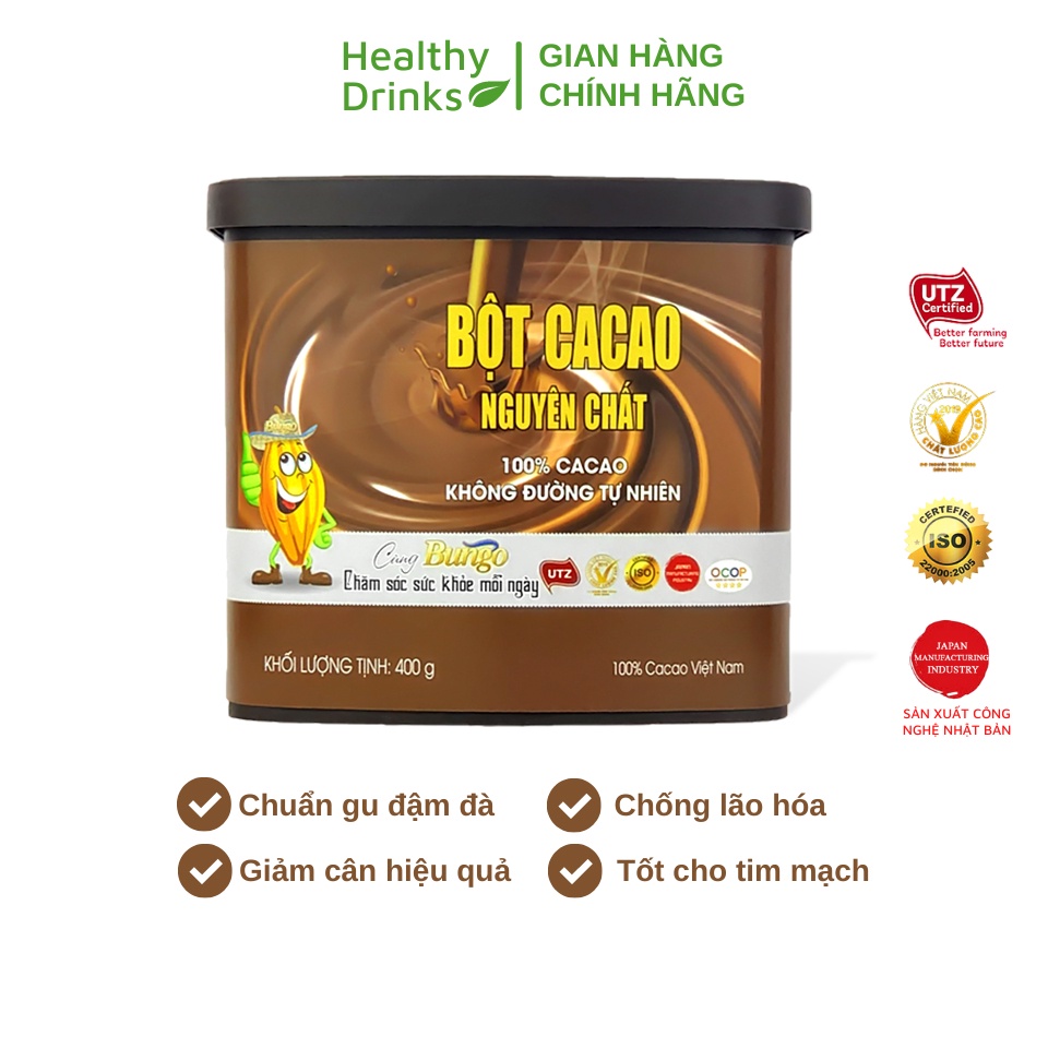 Bột cacao nguyên chất 100% cacao không đường Bungo TD - Premium UTZ Cocoa Powder - Hộp 400g