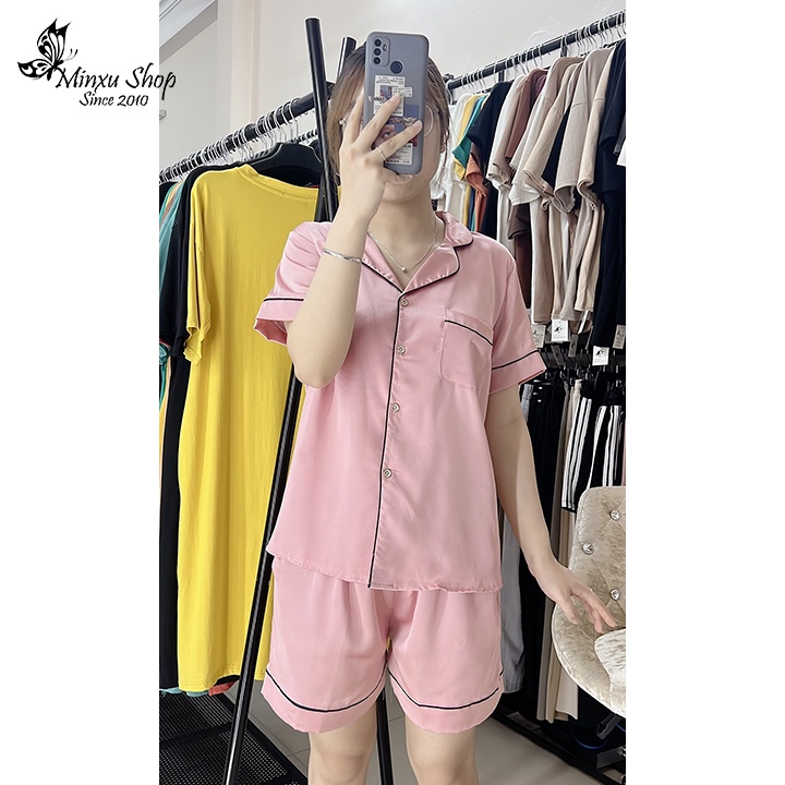 Bộ ngủ pijama trơn, bộ lụa quần đùi áo ngắn tay thiết kế viền trẻ trung lịch sự Minxu Shop PT01