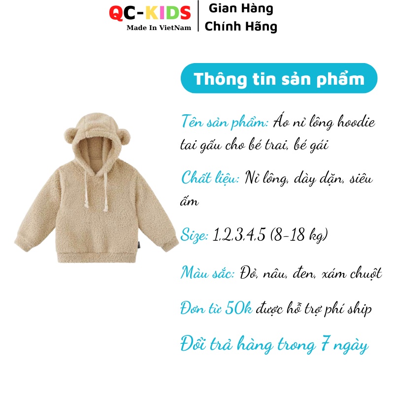 Áo thu đông cho bé trai, bé gái 8 đến 18 kg, Áo nỉ hoodie lông tai Gấu cho bé QC-KIDS