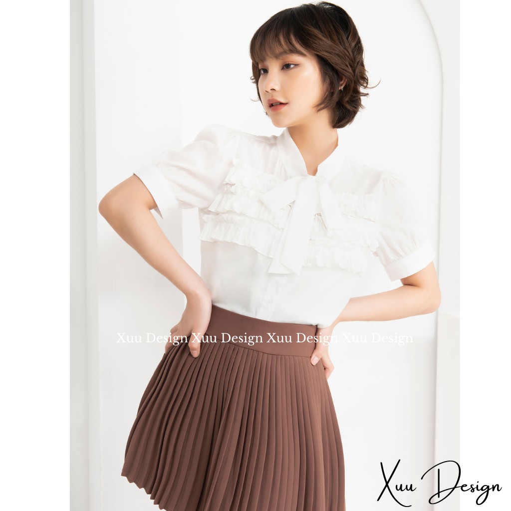 Áo kiểu nữ cổ nơ Xuu Design, Áo sơ mi phối bèo ngực chất vải Lụa Hàn dáng suông [TK21.05 Trắng]