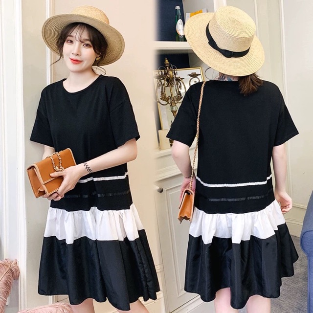 (Order) bigsize Đầm dáng xoè đuôi cá phối đen trắng