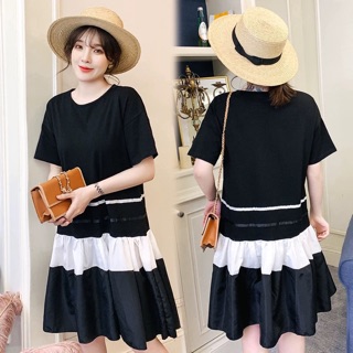 Bigsize Đầm dáng xoè đuôi cá phối đen trắng
