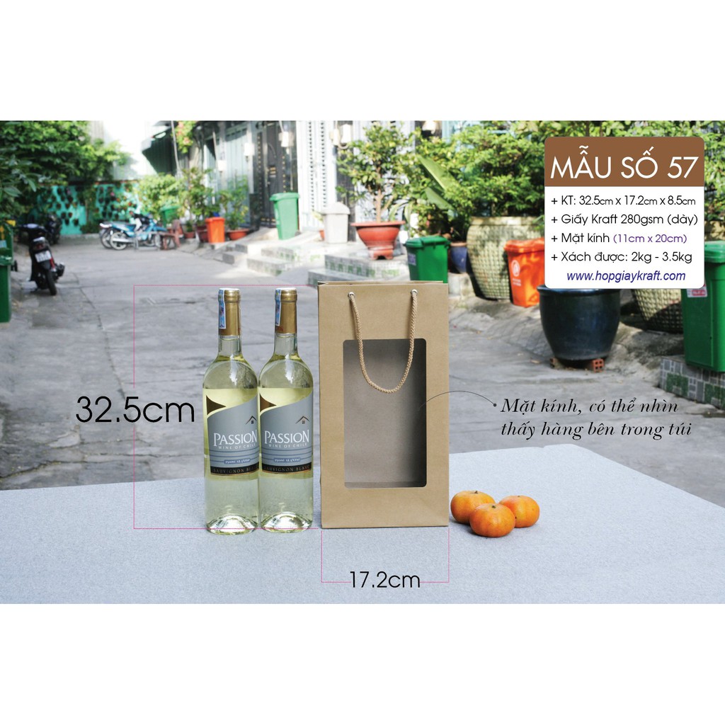 25 cái - Túi giấy kraft mặt kính đựng 2 chai rượu vang 750ml đựng thực phẩm - Mẫu số 57