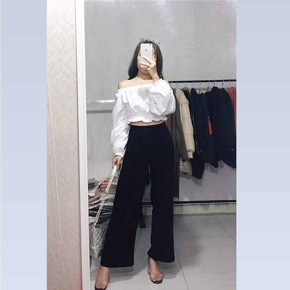 ÁO CROPTOP TRỄ VAI | ÁO CROPTOP KIỂU DÁNG TAY DÀI BÈO CHẤT LIỆU VOAN LỤA 2 MÀU ĐEN/TRẮNG SIÊU RẺ