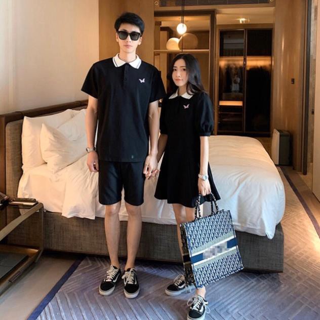 Đồ đôi nam nữ  váy thun hồng thêu bướm kết hợp áo thun nam