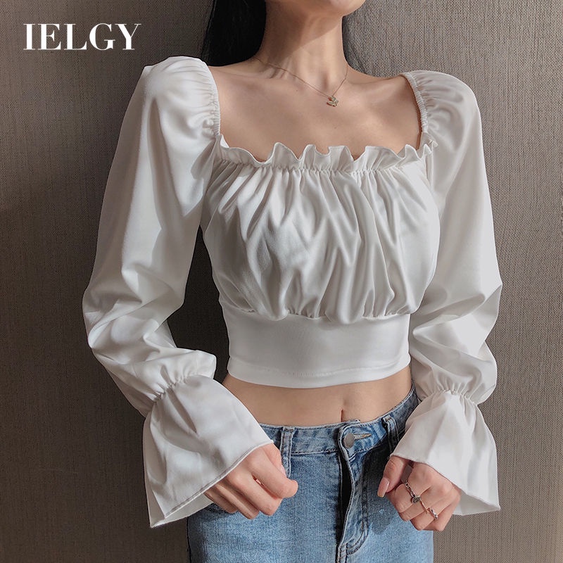IELGY Áo Sơ Mi chiffon Tay Dài Phồng Cổ Vuông Phong Cách Hàn Quốc Dành Cho Nữ