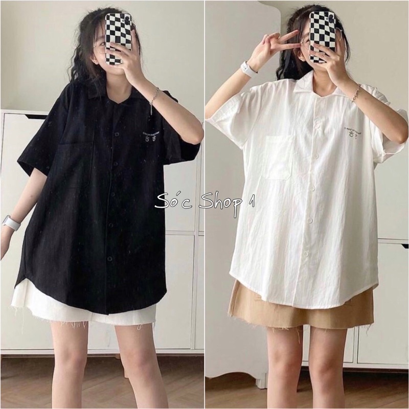 Áo Sơ Mi Nơ Túi Chất Gấm Xốp Ulzzang 2 Màu Đen Trắng