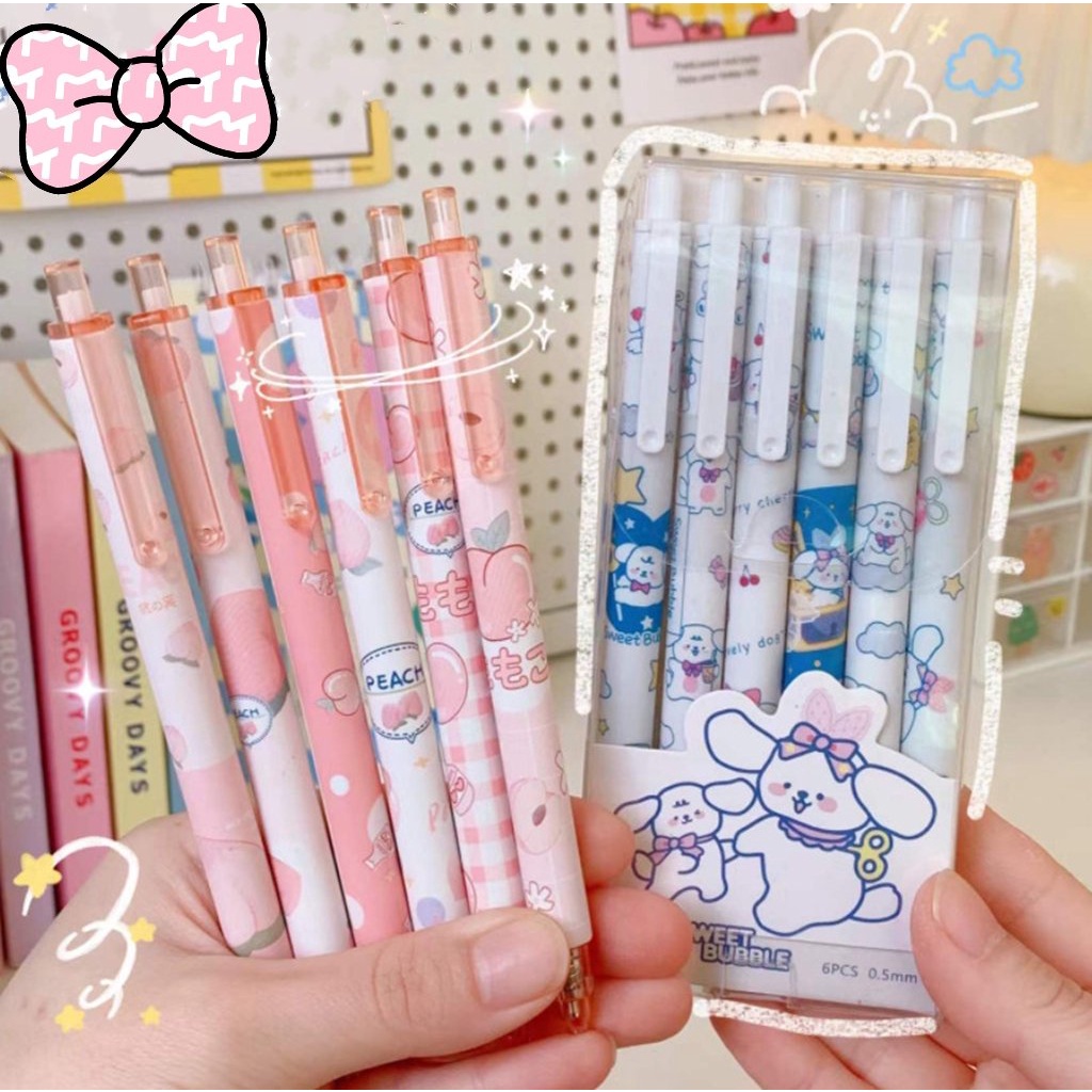 Bút bi gel bấm mực đen ghi bài hoạt hình đáng yêu - hộp 6 bút giá rẻ cho học sinh