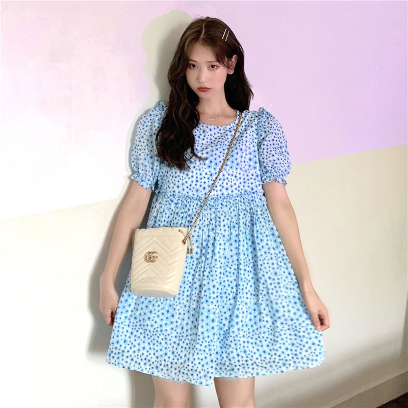 2021 Phong cách Hàn Quốc sang trọng màu xanh hoa búp bê váy váy dễ thương tay phồng lỏng lẻo Platycodon rừng tình yêu đầu tiên