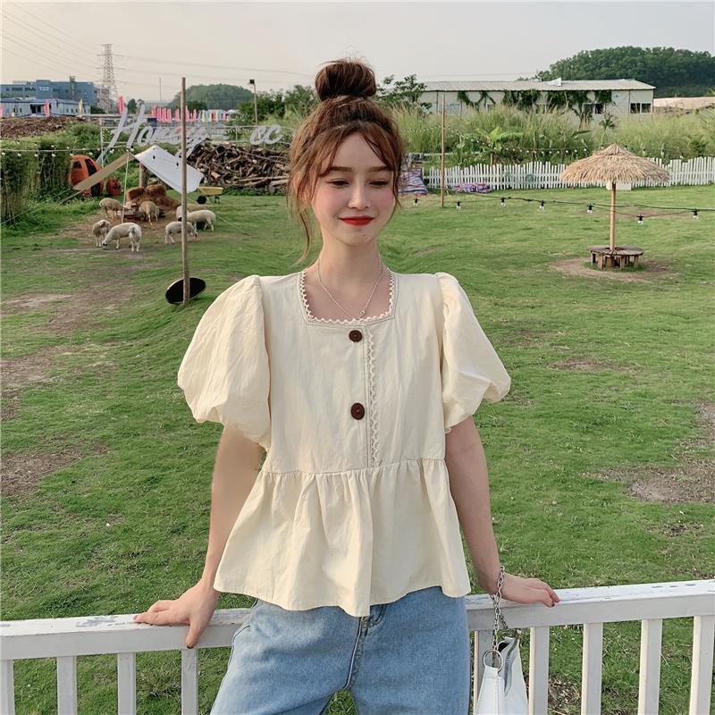 Áo sơ mi tay ngắn tay phồng cổ vuông dễ thương Hàn Quốc 2021